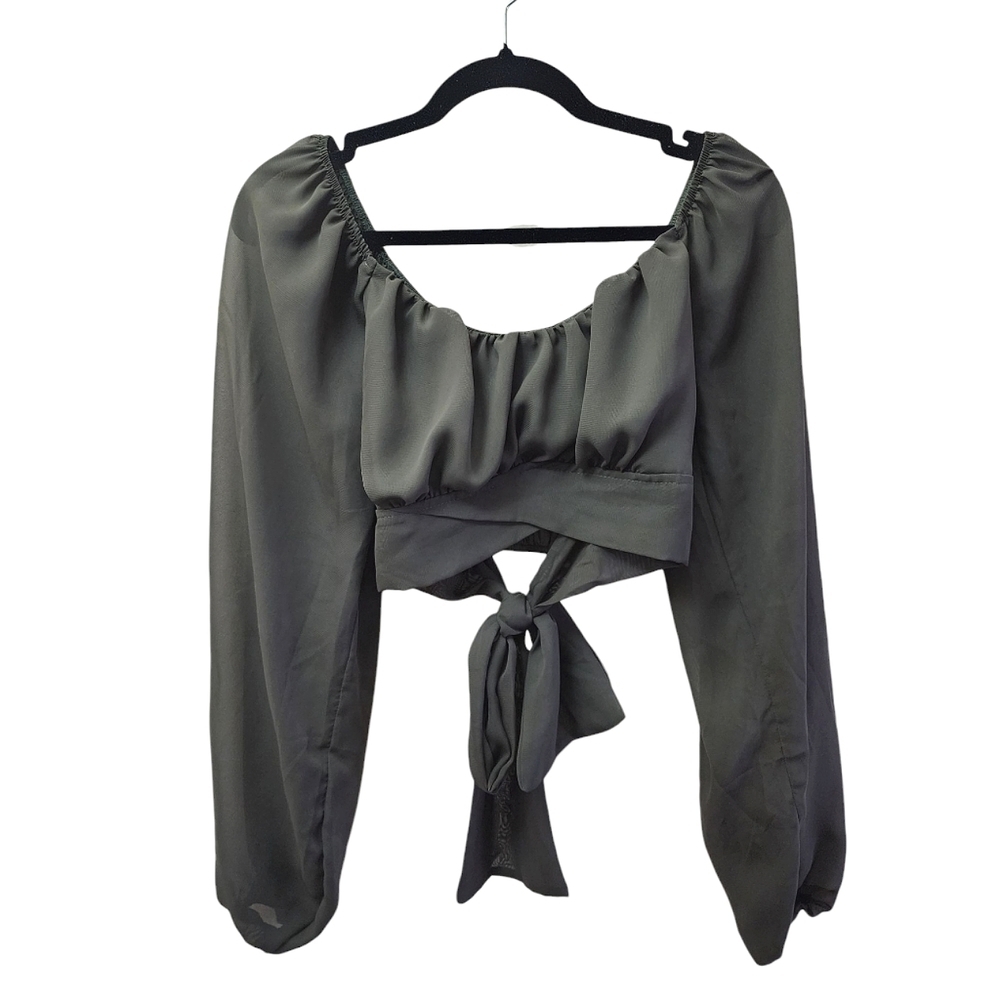 Windsor Olive Green Sheer Ruched Balloon Sleeve Crop Top Sz M Tie Back